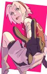  1girl bare_shoulders black_gloves boots full_body gloves green_eyes haruno_sakura headband highres looking_at_viewer naruto_(series) naruto_shippuuden pink_background pink_hair pnpk_1013 red_headband short_hair solo tongue tongue_out v 