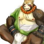  2018 anthro balls belly blush brown_fur bulge canine clothed clothing fundoshi fur gyobu japanese_clothing male mammal moobs nipples overweight overweight_male scar simple_background solo tanuki tokyo_afterschool_summoners underwear white_background whitedusk 