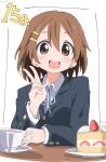 1girl :d absurdres blue_ribbon brown_eyes brown_hair cake commentary_request cup cynical_(llcbluckg_c004) food hair_ornament hairclip highres hirasawa_yui k-on! long_sleeves looking_at_viewer neck_ribbon open_mouth ribbon sakuragaoka_high_school_uniform school_uniform short_hair simple_background smile solo tea teacup upper_body v white_background 