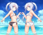  alternate_hairstyle ass bikini black_bikini blue_eyes blue_sky breasts cloud cowboy_shot day dual_persona from_behind heart heart_hands hibiki_(kantai_collection) highres kantai_collection light_blush long_hair looking_at_viewer multiple_girls ponytail reitou_mikan side-tie_bikini silver_hair sky small_breasts smile standing swimsuit verniy_(kantai_collection) wading white_bikini 