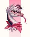 black_body female feral forked_tongue hair hi_res kerchief marie_merkh neckerchief pink_eyes pink_kerchief pink_neckerchief pink_tongue red_sclera reptile scalie short_hair simple_background snake solo tongue tongue_out white_body white_hair