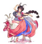  1girl animal_ears ark_order armpits black_hair bra bracelet breasts cleavage dancer dancing goat goat_(ark_order) goat_ears goat_girl goat_horns goat_tail gold gold_necklace hair_ornament hatoyama_itsuru horns jewelry large_breasts leg_ribbon long_hair long_skirt looking_at_viewer low-tied_long_hair multi-tied_hair multiple_rings nail_polish necklace no_shoes official_art pink_bra pink_nails pink_skirt red_eyes ribbon ring sidelocks skirt solo tachi-e thigh_ribbon toenail_polish toenails transparent_background underwear very_long_hair 