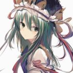  1girl closed_mouth commentary frilled_hat frills green_eyes green_hair hat looking_at_viewer medium_hair shiki_eiki simple_background solo touhou upper_body white_background yutsukiicookie 