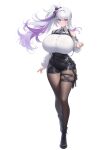  accessary ai-generated belt black_footwear breasts compression_clothes flower_ribbon highres huge_breasts huge_waist long_hair multicolored_hair non-web_source off_shoulder pantyhose purple_eyes shirt side_ponytail thigh_harness tight_shorts_pants two-tone_hair violet_hair white_hair white_shirt yushi 