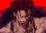 1boy ame_ekai blood blood_from_eyes blood_on_face commentary_request eustass_kid goggles highres looking_at_viewer male_focus one_piece open_mouth red_background red_eyes red_hair short_hair simple_background smile solo teeth tongue tongue_out 