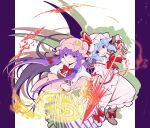  2girls blue_hair book crescent crescent_hat_ornament eichi_yuu hat_ornament holding holding_book long_hair magic_circle multiple_girls patchouli_knowledge pink_shirt pink_skirt purple_hair red_eyes remilia_scarlet shirt short_hair sidelocks skirt touhou very_long_hair 