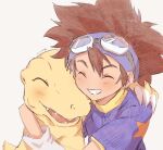  agumon blush brown_hair child closed_eyes digimon digimon_(creature) digimon_adventure dinosaur fangs feng_(feng_efu) friends goggles goggles_on_head happy highres simple_background star_(symbol) yagami_taichi 