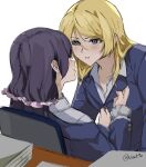  2girls ayase_eli blonde_hair blue_eyes blue_jacket blush collared_shirt commentary english_commentary highres jacket long_hair long_sleeves love_live! love_live!_school_idol_project multiple_girls niant9n open_collar otonokizaka_school_uniform papers parted_lips purple_hair school_uniform shirt simple_background sitting tojo_nozomi twintails twitter_username undressing_another white_background white_shirt yuri 