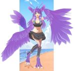  1girl absurdres ahoge bare_shoulders beach bird_legs bird_tail black_skirt blush braid breadcrutz breasts cleavage commentary_request fangs feathered_wings feathers footprints full_body green_eyes green_ribbon hair_ribbon harpy head_wings highres large_breasts long_hair looking_at_viewer midriff monster_girl navel open_mouth original purple_feathers purple_hair purple_wings ribbon side_braid skirt solo standing standing_on_one_leg tail talons twin_braids winged_arms wings 
