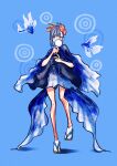  1girl asymmetrical_hair blue_background blue_dress blue_eyes blue_hair blue_theme covering_own_mouth dress fish flower hair_flower hair_ornament hair_stick highres holding looking_at_viewer original parted_bangs personification poi_(goldfish_scoop) rose sandals ship_o_man1015 single_sidelock standing standing_on_one_leg tabi zouri 