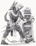 2017 abs anthro anubian_jackal anubis canid canine canis clothed clothing deity digital_media_(artwork) egyptian_mythology fangs geppei5959 greyscale grin guitar hi_res jackal male mammal middle_eastern_mythology monochrome musical_instrument mythology playing_guitar playing_music plucked_string_instrument simple_background smile solo standing string_instrument teeth white_background