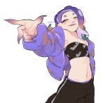  1girl artist_name black_pants black_tube_top commentary english_commentary eyelashes jacket long_hair navel octoling official_alternate_costume open_clothes open_jacket open_mouth pants pointing print_tube_top purple_hair purple_jacket qevillous red_eyes shiver_(splatoon) simple_background smile solo splatoon_(series) splatoon_3 standing strapless teeth tentacle_hair tube_top twitter_username upper_teeth_only white_background 
