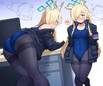  1boy 1girl absurdres animal_ear_fluff animal_ears armband ass blonde_hair blue_archive blue_eyes blue_one-piece_swimsuit blush breasts commission desk dog_ears doodle_sensei_(blue_archive) embarrassed extra_ears hair_over_one_eye halo highres jacket kanna_(blue_archive) kurozu_(crozu) long_hair multiple_boys one-piece_swimsuit open_clothes open_jacket pantyhose pantyhose_under_swimsuit sensei_(blue_archive) sharp_teeth skeb_commission small_breasts sweatdrop swimsuit teeth 