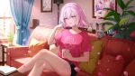  1girl absurdres animal black_shorts book breasts cat commentary_request couch crossed_legs cup curtains day dolphin_shorts elysia_(honkai_impact) hair_between_eyes hand_up hh_long highres holding holding_cup honkai_(series) honkai_impact_3rd indoors lamp looking_at_viewer on_couch open_book parted_lips petals pillow pink_hair pink_shirt plant potted_plant purple_eyes shelf shirt short_hair short_sleeves shorts sitting small_breasts smile solo sunlight table window wooden_floor 