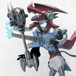  absurdres blue_fire closed_eyes colored_skin digimon digimon_(creature) dragon electric_guitar faux_traditional_media fire guitar highres holding holding_guitar holding_instrument holding_microphone instrument level-00 microphone red_skin sharp_teeth shoutmon tail teeth 