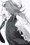  1boy angel_devil_(chainsaw_man) angel_wings black_suit chainsaw_man collared_shirt dutch_angle greyscale halo long_sleeves looking_up male_focus medium_hair monochrome necktie shirt simple_background siraco_(sira5_3) solo suit upper_body white_background white_shirt wings 
