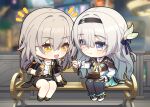  2girls absurdres black_coat black_hairband cake cavcaz chibi coat dress feeding firefly_(honkai:_star_rail) food grey_hair hair_between_eyes hair_ornament hairband highres honkai:_star_rail honkai_(series) jacket long_hair long_sleeves looking_at_another multiple_girls shirt stelle_(honkai:_star_rail) thighhighs trailblazer_(honkai:_star_rail) two-tone_eyes yellow_eyes yuri 