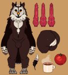 anthro apple avian balls beak big_butt bird brown_body brown_feathers butt feathers food fruit genitals hi_res horn knot male mertvykhcrows mug multi_genitalia multi_knot nude orange_eyes owl penis plant red_penis small_body solo white_body white_feathers