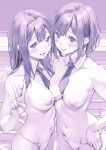  2girls absurdres blush breast_press breasts commentary_request detached_collar highres long_hair looking_at_viewer macosee medium_breasts monochrome multiple_girls navel necktie nipples original panties parted_lips short_hair smile symmetrical_docking topless underwear upper_body v 