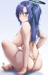  1girl ass bikini blue_archive blue_eyes blush breasts gold_bikini halo highres ibara_azuki large_breasts long_hair looking_at_viewer looking_back mechanical_halo purple_hair sitting solo swimsuit two_side_up yuuka_(blue_archive) 
