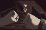  1girl 1other animal_ears clenched_hands commentary_request cream_the_rabbit dress furry furry_female gloves highres orange_dress orange_eyes pov pov_hands rabbit_ears sonic_(series) souldroids stairs watch white_gloves wooden_floor wristwatch 