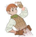  1boy :&lt; arm_up brown_eyes brown_gloves brown_vest chilchuck_tims closed_mouth dungeon_meshi english_commentary fingerless_gloves gloves hand_on_own_hip highres large_ears long_sleeves looking_at_viewer male_focus orange_hair robodumpling short_hair simple_background solo tool_belt upper_body vest white_background 