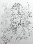  2023 920london anthro bangs biped bouquet breasts canid canine clothing dress female flower graphite_(artwork) hair hana_venom hi_res image_comics mammal monochrome official_art pencil_(artwork) plant remy_boydell simple_background sketch solo standing traditional_media_(artwork) wedding_dress wedding_veil white_background 
