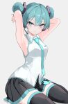  1girl absurdres aqua_eyes aqua_hair aqua_necktie armpits arms_behind_head black_skirt black_thighhighs breasts collared_shirt double-parted_bangs double_bun feet_out_of_frame frilled_shirt frills grey_background hair_bun hair_ornament half-closed_eyes hatsune_miku headset highres kawasuru_(15miclon) light_blush looking_at_viewer medium_breasts necktie no_nose open_mouth pleated_skirt shirt short_hair simple_background sitting skirt sleeveless sleeveless_shirt solo thighhighs tsurime vocaloid wariza white_shirt zettai_ryouiki 