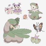  :3 :o ^_^ banana beautifly black_eyes blue_eyes blush blush_stickers breloom bright_pupils closed_eyes closed_mouth delcatty dustox evolutionary_line facing_away food from_behind fruit highres leaf looking_at_another looking_back looking_to_the_side no_humans open_mouth pokemon pokemon_(creature) pokemon_on_back ralts simple_background sitting skitty smile sumi_fms trapinch tropius white_background white_pupils 