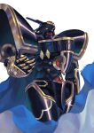  alphamon armor black_armor blue_cape cape cowboy_shot digimon digimon_(creature) gem helmet highres horns kira_(kira_dra) looking_at_viewer no_humans outstretched_hand reaching reaching_towards_viewer red_gemstone shoulder_armor simple_background solo twitter_username yellow_eyes 