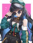  1girl absurdres beret black_hair blue-tinted_eyewear blue_hair bracelet colored_inner_hair eyeliner fate/grand_order fate_(series) green_hat green_jacket grey_eyes hat highres jacket jewelry long_hair looking_at_viewer looking_over_eyewear makeup multicolored_hair neck_ring o-ring purple-tinted_eyewear round_eyewear smile solo sunglasses tenochtitlan_(fate) tenochtitlan_(second_ascension)_(fate) tinted_eyewear two-tone_hair umeo_(pixiv51103813) wavy_hair zipper 