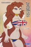 anthro bandeau_bikini big_breasts bikini black_nose blue_eyes breasts brown_body brown_fur brown_hair canid canine canis choker clothing colleen_(road_rovers) domestic_dog english_text erect_nipples_under_clothes eu_flag eyelashes female fur hair hi_res jewelry long_hair looking_at_viewer mammal navel necklace open_mouth outline profanity road_rovers scificat solo standing strapless_bikini strapless_clothing strapless_swimwear swimwear tail text thick_thighs under_boob union_jack white_body white_fur white_outline wide_hips