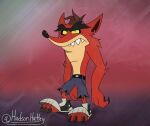  2020 3_toes activision anthro bandicoot biped black_claws black_nose bottomwear claws clothed clothing crash_bandicoot_(series) evil_crash eyebrows feet finger_claws footwear full-length_portrait fur hi_res hudsonhatley looking_at_viewer male mammal marsupial portrait red_body red_fur shoes shorts signature solo standing toe_claws toes topless yellow_sclera 