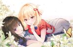  blonde_hair blue_ribbon blue_shirt brown_hair bug butterfly chestnut_mouth collared_shirt feet_out_of_frame fingernails flower green_ribbon grey_skirt hair_ribbon hand_to_own_mouth highres hyeyoon_0205 inoue_takina lily_(flower) long_hair looking_at_viewer lycoris_recoil lycoris_uniform lying medium_hair neck_ribbon nishikigi_chisato on_back on_person pink_lips pleated_skirt purple_eyes red_eyes red_ribbon red_shirt ribbon shirt signature single_hair_ring skirt undone_neck_ribbon 