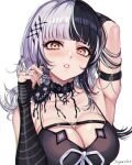 1girl armpit_crease bare_shoulders black_choker black_hair black_nails blush breasts choker cleavage grey_hair hair_ornament highres hololive hololive_english large_breasts long_hair looking_at_viewer multicolored_hair parted_lips ruby_suguri shiori_novella shiori_novella_(1st_costume) solo split-color_hair two-tone_hair upper_body virtual_youtuber yellow_eyes 