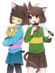  2others ahoge animal_ear_hairband animal_ears aqua_shorts aqua_sweater black_pantyhose blush bob_cut brown_hair brown_shorts brown_tail candy cat_ears cat_tail chara_(undertale) child chocolate chocolate_bar closed_eyes closed_mouth denim denim_shorts fake_animal_ears fangs fingernails flower flower_pot flowey_(undertale) food frisk_(undertale) green_sweater hairband heart heart_necklace holding holding_chocolate holding_flower_pot holding_food holding_knife jewelry kemonomimi_mode knife leftporygon looking_at_another multiple_others necklace one_eye_closed open_mouth pantyhose pink_sweater short_hair shorts smile standing striped_clothes striped_sweater sweater tail tongue tongue_out turtleneck turtleneck_sweater undertale white_background yellow_sweater 