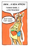  absurd_res anthro apron apron_lift bottomwear clothed clothing clothing_lift comic comic_panel cutoffs denim denim_bottomwear denim_clothing equid equine femboy food fragilescales fruit fur hi_res hybrid ink male mammal marker_(artwork) mule oblivious orange_background peach_(fruit) plant shorts simple_background solo solo_focus speech_bubble standing tan_body tan_fur text traditional_media_(artwork) yiff_the_cook 