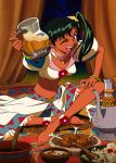  90s anklet barefoot blush bowl bracelet cup dark_skin drink earrings food fringe_trim green_eyes hand_on_leg holding holding_cup indian_style jean_(lunar) jewelry long_hair lowres lunar lunar_2:_eternal_blue meat midriff navel official_art one_eye_closed open_mouth outstretched_arm plate side_ponytail sitting solo upper_teeth 