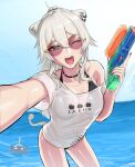  1girl ahoge animal_ear_piercing animal_ears anstatic black_choker black_nails breasts choker cleavage commentary commentary_request ear_piercing grey_eyes grey_hair hair_between_eyes highres holding holding_water_gun hololive large_breasts lion_ears lion_girl lion_tail long_hair looking_at_viewer official_alternate_costume official_alternate_hairstyle one_eye_closed open_mouth piercing shirt shishiro_botan shishiro_botan_(casual) single_bare_shoulder smile solo ssrb_(shishiro_botan) sunglasses swimsuit swimsuit_under_clothes t-shirt tail virtual_youtuber water_gun wet wet_clothes white_shirt 
