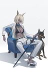  1girl absurdres animal_ears armchair belt bikini bikini_top_only blonde_hair chair dark_skin dog echj high_heels highres holding holding_sword holding_weapon jacket open_clothes open_jacket original pants short_hair simple_background sitting solo sunglasses swimsuit sword weapon white_background white_footwear white_pants 