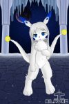 anthro blue_cheeks blue_eyes canid canine fox fur hair hi_res humanoid long_hair looking_at_viewer male mammal planet silavos silavos_snow solo space standing tail watermark white_body white_fur white_hair