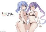  anger_vein angry arched_back ass bikini black_bikini black_choker blue_hair blush breasts bright_pupils choker clenched_hand closed_mouth gradient_hair green_eyes highres hololive hoshimachi_suisei like_and_retweet long_hair looking_at_viewer looking_back meme micro_bikini multicolored_hair navel o-ring o-ring_choker open_mouth pink_hair ponytail purple_eyes purple_hair scowl side-tie_bikini_bottom simple_background small_breasts stomach string_bikini swimsuit thong tokoyami_towa tomanesan twintails twitter_strip_game_(meme) very_long_hair virtual_youtuber white_background 