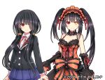  1girl bare_shoulders black_hair black_jacket blazer blue_skirt breasts cleavage clock_eyes date_a_live dress edamame_senpai frilled_dress frilled_hairband frills hair_over_one_eye hairband heterochromia jacket lolita_fashion lolita_hairband long_hair long_sleeves looking_at_viewer low_twintails medium_breasts official_art pleated_skirt raizen_high_school_uniform red_dress red_eyes ribbon school_uniform skirt smile symbol-shaped_pupils tokisaki_kurumi twintails two-tone_dress uneven_twintails upper_body vivid_army white_background yellow_eyes 
