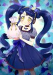  1girl bad_id bad_twitter_id black_choker blue_background blue_bow blue_hair blue_shirt blue_skirt bow braid braided_bangs choker closed_mouth cowboy_shot frilled_skirt frills garara_s_leep gift hair_bow head_chain headphones holding holding_gift idol_time_pripara jewelry long_hair mdr_onj1807 pretty_series pripara puffy_short_sleeves puffy_sleeves ribbon shirt short_sleeves skirt smile solo standing star_(symbol) symbol-shaped_pupils twintails very_long_hair yellow_eyes yellow_ribbon 