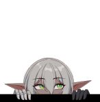  1girl absurdres amor dark-skinned_female dark_elf dark_skin elf gauntlets green_eyes grey_hair hair_between_eyes highres mawaridi original peeking_out pointy_ears simple_background single_gauntlet slit_pupils solo white_background yvonne_(mawaridi) 