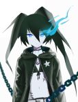  1girl absurdres bikini black_bikini black_hair black_jacket black_rock_shooter black_rock_shooter_(character) blue_eyes blue_fire chain colored_skin fire flaming_eye highres jacket long_hair ly_(pixiv13839236) multiple_scars scar simple_background solo swimsuit 