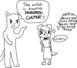 anthro black_and_white bottomwear canid canine canis clothing dark_h dialogue domestic_dog duo female frown frown_eyebrows humor male mammal monochrome skirt thought_bubble unknown_artist