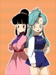  :d arm_at_side back-to-back bangs bare_legs black_eyes black_hair blue_dress blue_eyes blue_hair blush bulma chi-chi_(dragon_ball) chinese_clothes clothes_writing crossed_arms dragon_ball dragon_ball_z dress eyebrows_visible_through_hair happy horizontal-striped_background long_hair long_sleeves looking_at_another looking_back multiple_girls open_mouth orange_background smile standing thighs tied_hair turtleneck two-tone_background upper_body yukimitsuki 