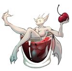 anthro belly breasts cherry claws container cup dragon female food frill_(anatomy) fruit glass glass_container glass_cup hi_res horn juice juice_(beverage) light mythological_creature mythological_scalie mythology plant ring scales scalie size_difference smaller_female solo tail varakaska white_body white_eyes white_horn