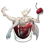  anthro belly breasts cherry claws container cup dragon female food frill_(anatomy) fruit glass glass_container glass_cup hi_res horn juice juice_(beverage) light mythological_creature mythological_scalie mythology plant ring scales scalie size_difference smaller_female solo tail varakaska white_body white_eyes white_horn 
